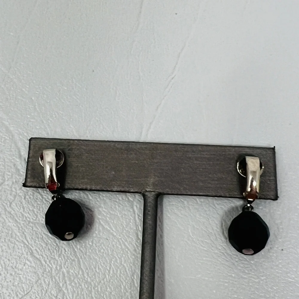 Black Faceted Bead Clip-On Earrings‎ Silver Tone Dangle Minimalist